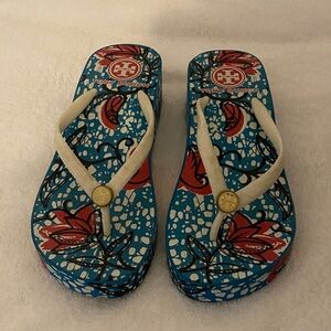 Tory Burch Blue and Red Floral Sandals